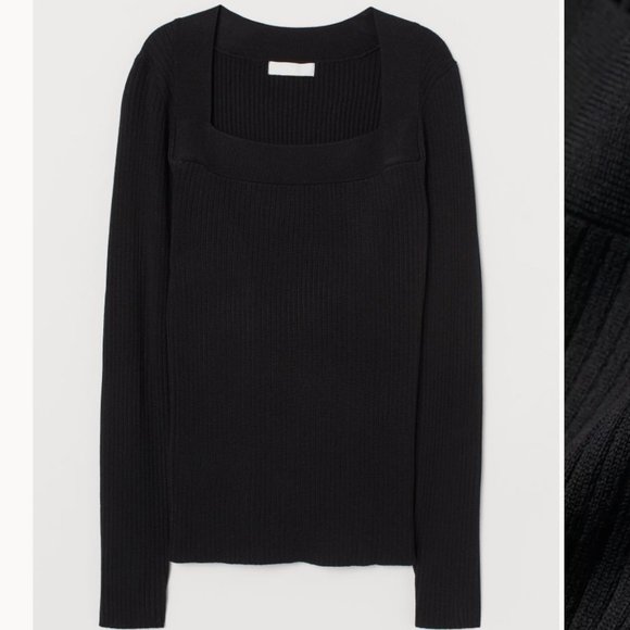 H&M Ribbed Knit Square Neck Long sleeve Top | Small - Black - Picture 2 of 9